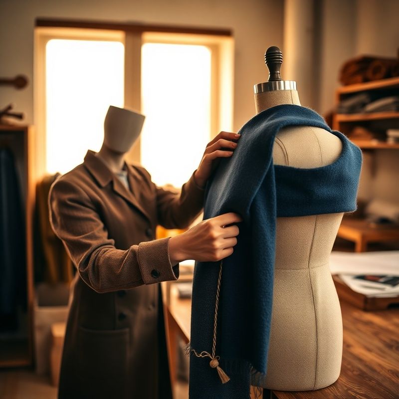 Mâini de croitor lucrând stofă de lână albastru-cerneală pe un manechin în atelier