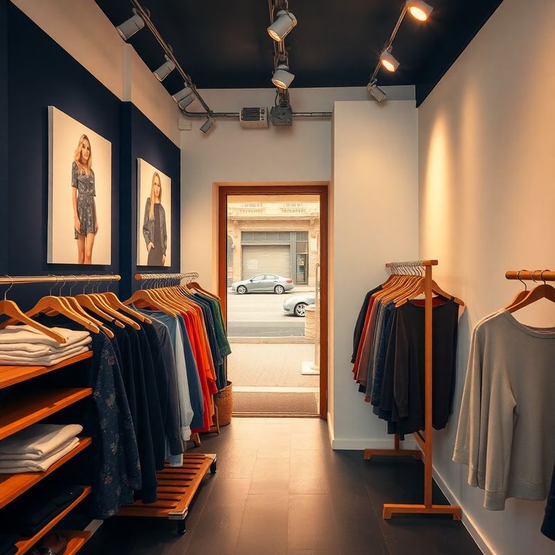 Interiorul showroom-ului AdvisoryOutlook cu rafturi de stejar și piese vestimentare în tonuri de albastru-cerneală și alb cald