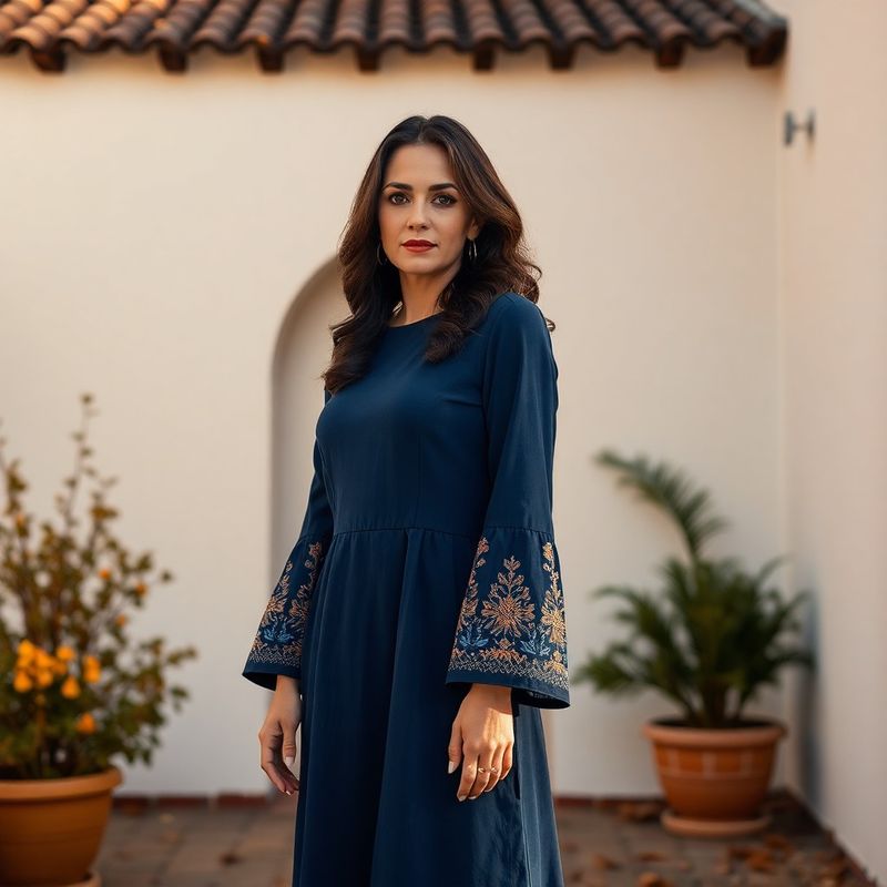 Femeie în rochie midi albastru-cerneală cu broderie la manșetă