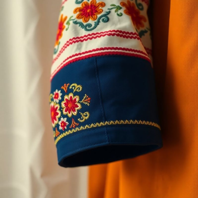 Detaliu broderie manuală cu motiv oltean pe manșetă albastru-cerneală