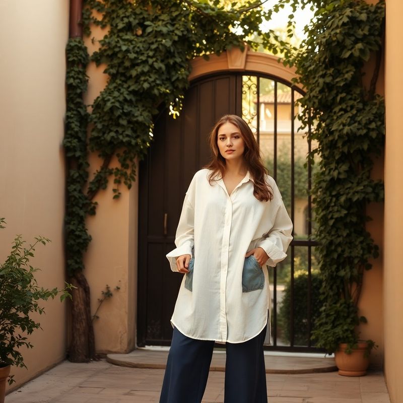 Femeie în cămașă oversize din in și pantaloni largi albastru-cerneală în curte cu viță-de-vie